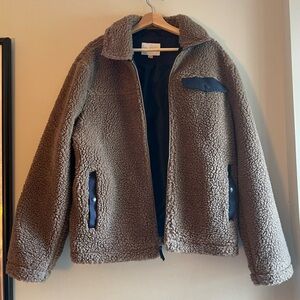Men’s Brown Sherpa Zip Up Jacket with Blue Details